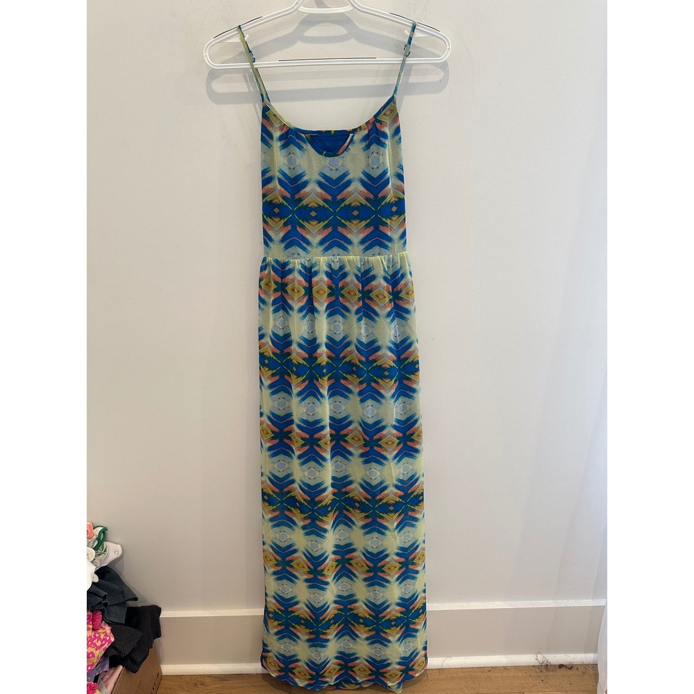 Hem & Thread Blue Yellow Ikat Print Open Back Maxi Dress Womens Medium